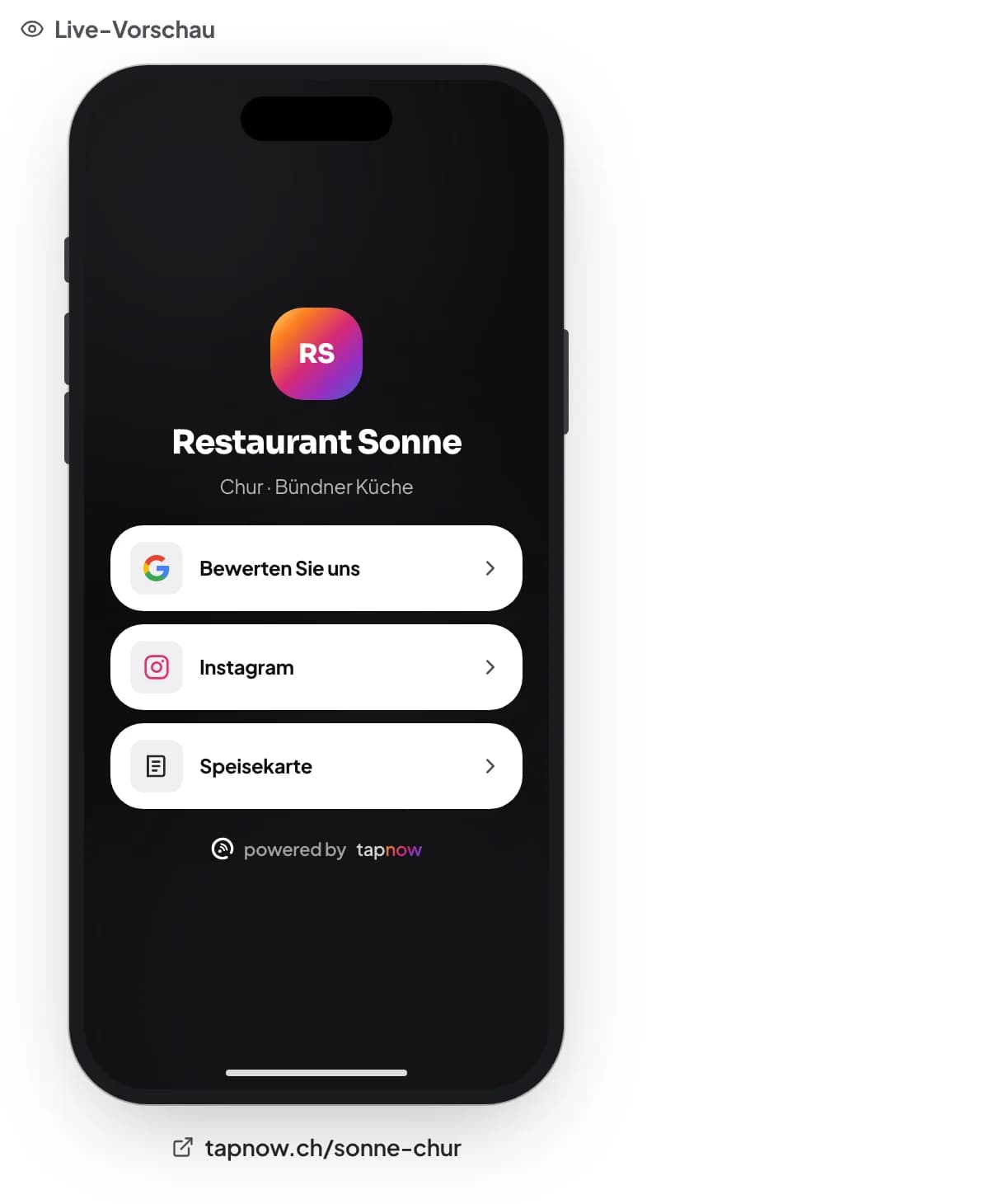 Live-Vorschau der Tap-Seite in einem Handy-Rahmen mit mehreren Buttons