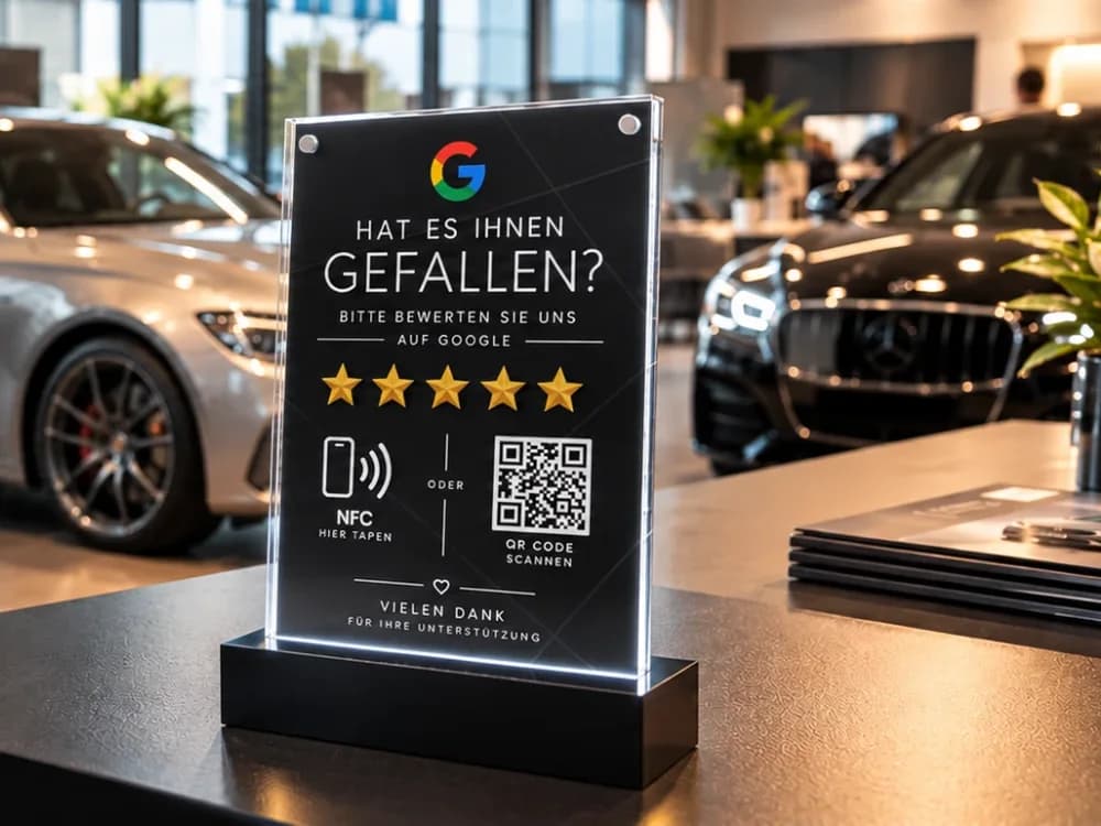 NFC-Aufsteller von tapnow.ch auf dem Tresen eines Autohauses