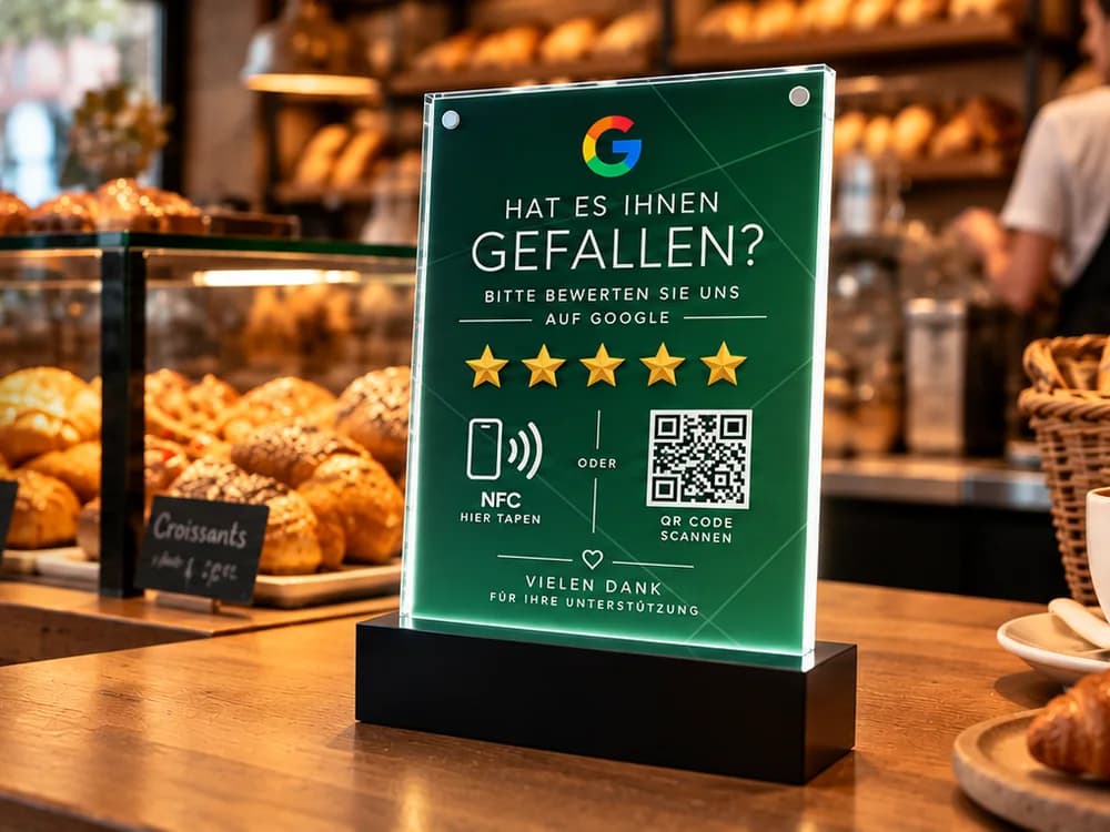 NFC-Aufsteller von tapnow.ch auf der Theke einer Bäckerei