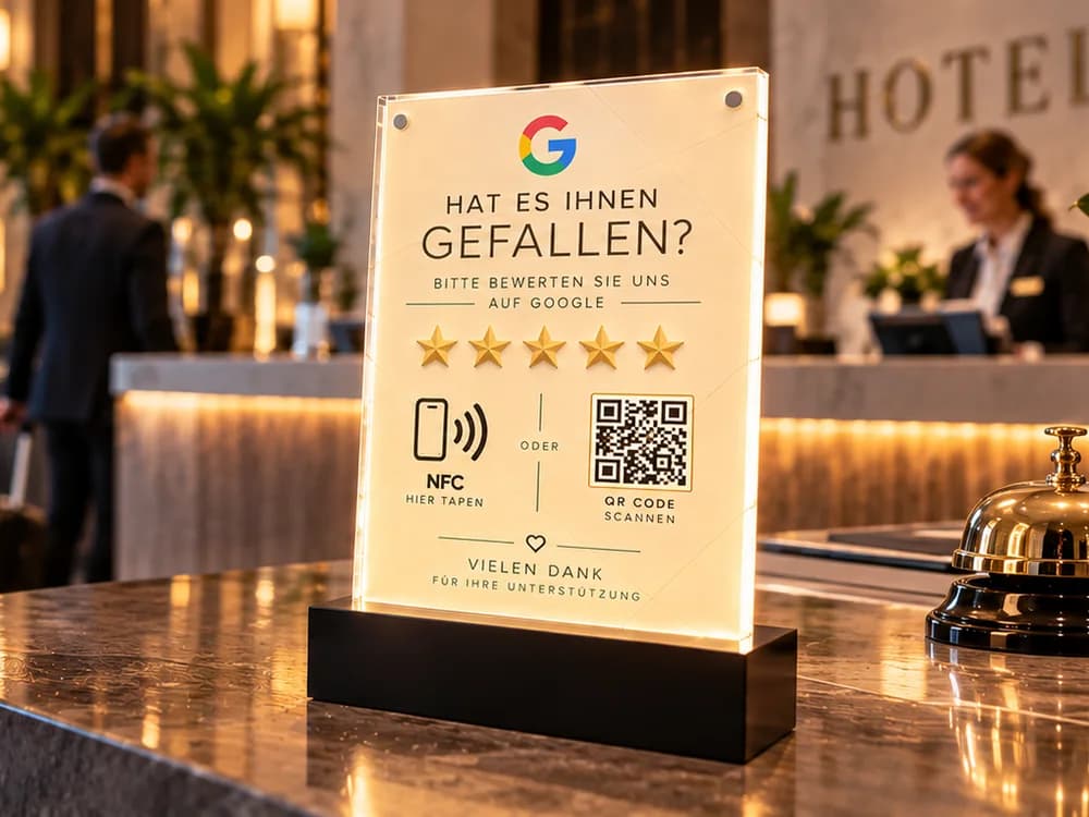 NFC-Aufsteller von tapnow.ch an der Réception eines Hotels