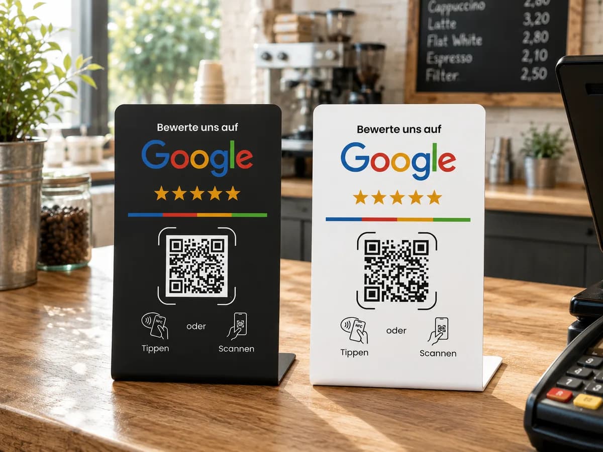 NFC-Aufsteller von tapnow.ch auf der Theke eines Cafés
